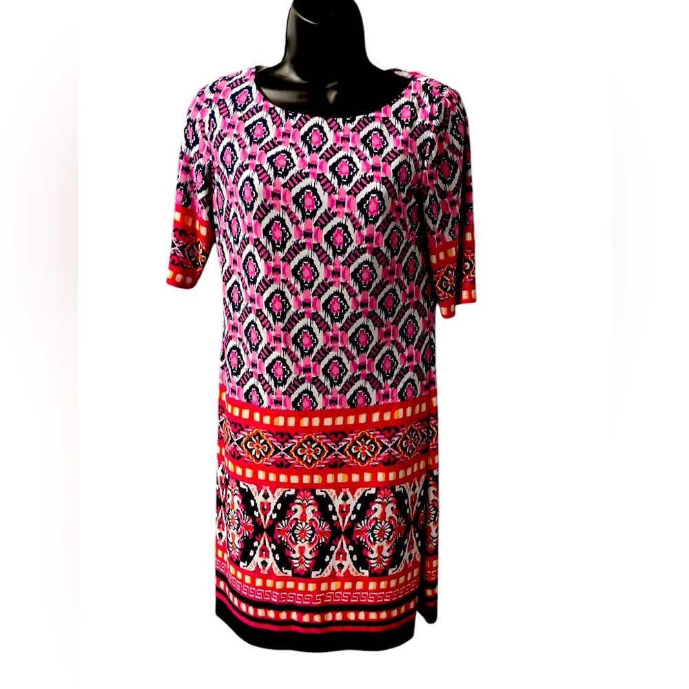 ELIZA J Women's Dress Size 4 Jersey Stretch Pink Blue Boatneck 3/4 sleeve